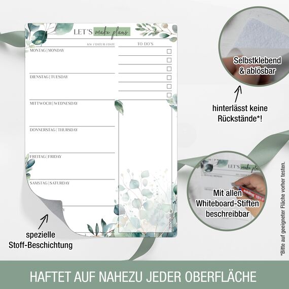 TOBJA Essensplaner Woche abwischbar - Haftet auf allen Oberflächen, wieder ablösbar, Eukalyptus Design für den perfekten Wochenüberblick! | Wiederverwendbarer Menüplaner & Wochenplaner (ohne Stift)