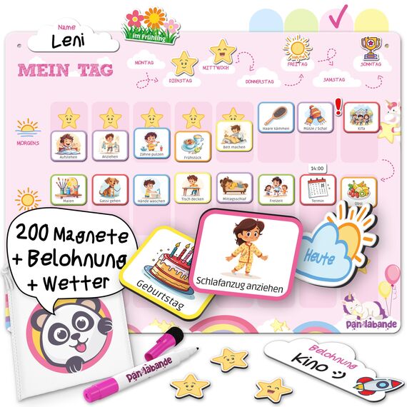 PANDABANDE® Montessori Tagesplaner Kinder Routine [Belohnung, Wetter, 208 Magnete] - Tagesablauf Plan für Morgenroutine & Abendroutine - Idealer Tagesplan Magnetisch, Routineplaner Kind (Einhörner)