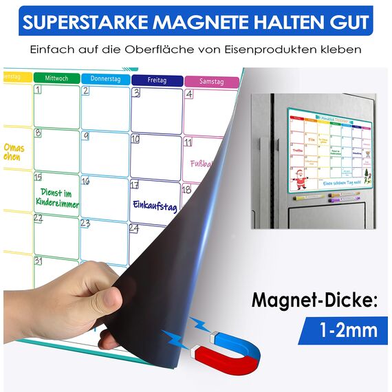 KTRIO A3 Magnetischer Monats-Wochenplaner für Haushaltsplan, Einkaufsliste, Essens- und Fitnessplanung. Nass & trocken abwischbares Whiteboard mit 7 Markern und Schwamm zum Aufhängen.