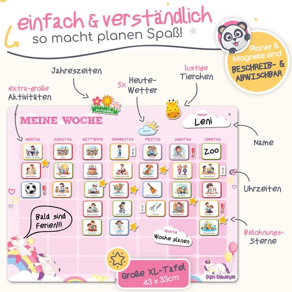 PANDABANDE® Montessori Wochenplaner Kinder [Wetter, Belohnung, 210 Magnete] - Magnettafel für mehr Struktur im Alltag - Idealer Wochenplan Magnetisch, Belohnungstafel Kind, Routine Planer (Einhörner)