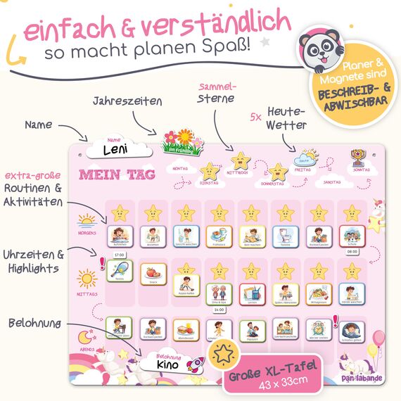PANDABANDE® Montessori Tagesplaner Kinder Routine [Belohnung, Wetter, 208 Magnete] - Tagesablauf Plan für Morgenroutine & Abendroutine - Idealer Tagesplan Magnetisch, Routineplaner Kind (Einhörner)