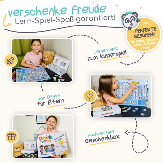 PANDABANDE® XL Wochenplaner Kinder [300 Magnete, XL Box, Routinen] - Montessori Spielzeug ab 3 Jahre - Ideal zum Wochentage Lernen, Kinderkalender