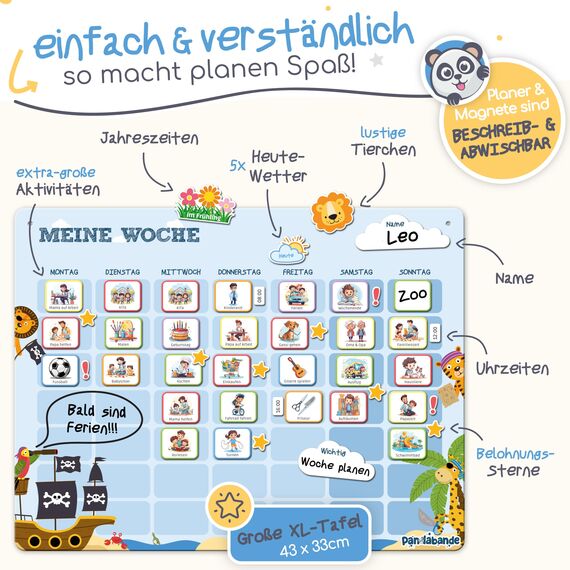 PANDABANDE® Montessori Wochenplaner Kinder [Wetter, Belohnung, 210 Magnete] - Magnettafel für mehr Struktur im Alltag - Idealer Wochenplan Magnetisch, Belohnungstafel Kind, Routine Planer (Piraten)