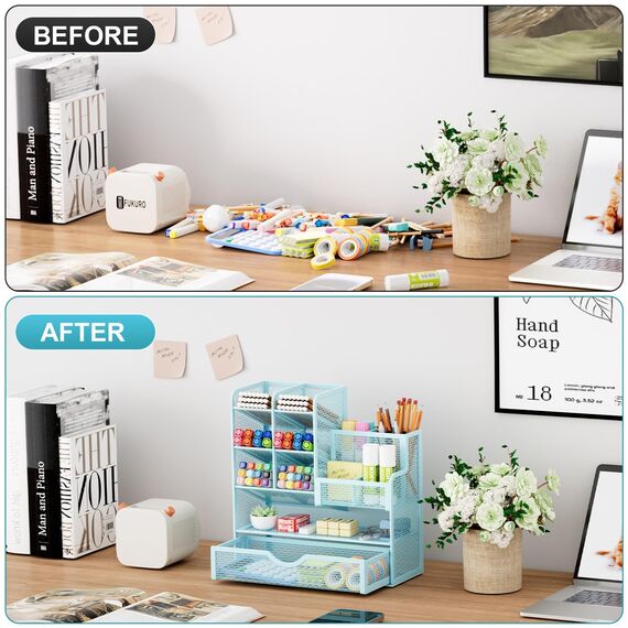 Marbrasse Netz Schreibtisch-Organizer,Multifunktionaler Stiftehalter mit Schublade,Aufbewahrung Regal für Schul Heim Büro Bedarf (Blau)