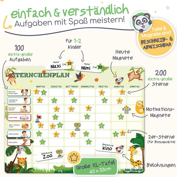 PANDABANDE® Belohnungstafel Kinder [100 Aufgaben, 200 Sterne, 1-2 Kinder] - Belohnungssystem für mehr Verantwortung - Idealer Aufgabenplaner Magnetisch, Wochenplaner Kind, Routine Planer (Dschungel)