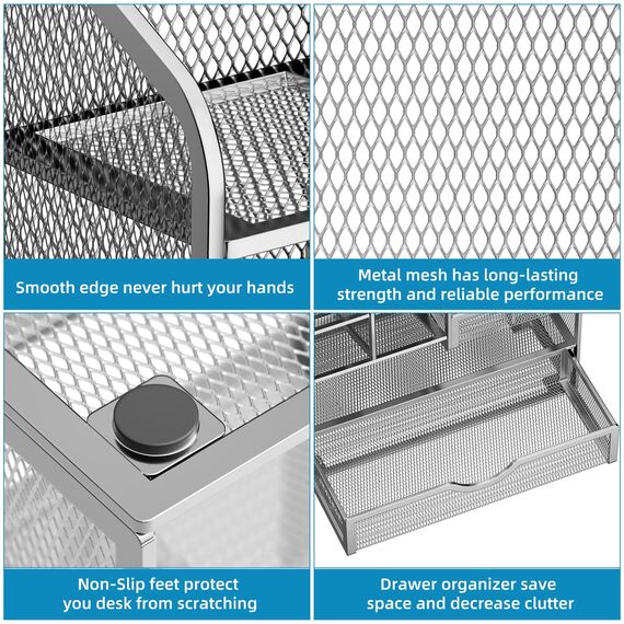 Marbrasse Netz Schreibtisch-Organizer,Multifunktionaler Stiftehalter mit Schublade,Aufbewahrung Regal für Schul Heim Büro Bedarf (Sliber)