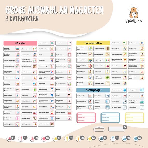 SpielLieb® Montessori Belohnungstafel Kinder magnetisch – Ideales Belohnungssystem Kinder [200 Aufgaben + Stern- & Spezialmagnete für 1-3 Spieler] - für mehr Selbstständigkeit (Ozean)