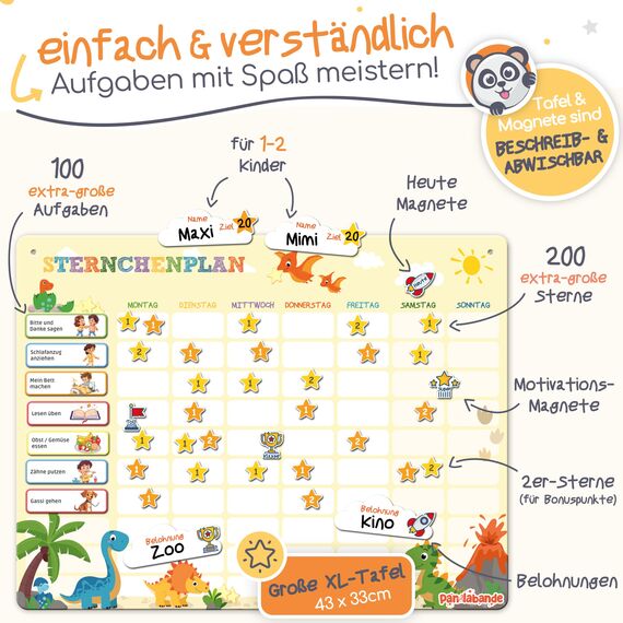 PANDABANDE® Belohnungstafel Kinder [100 Aufgaben, 200 Sterne, 1-2 Kinder] - Belohnungssystem für mehr Verantwortung - Idealer Aufgabenplaner Magnetisch, Wochenplaner Kind, Routine Planer (Dinosaurier)