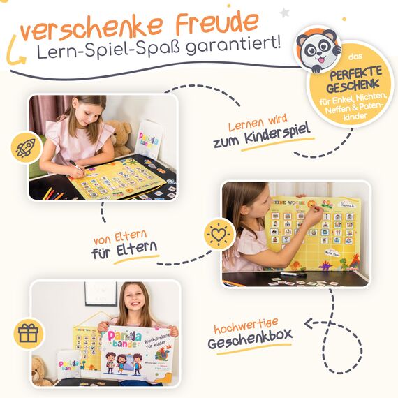 PANDABANDE® Montessori Wochenplaner Kinder [Wetter, Belohnung, 210 Magnete] - Magnettafel für mehr Struktur im Alltag - Idealer Wochenplan Magnetisch, Belohnungstafel Kind, Routine Planer(Dinosaurier)