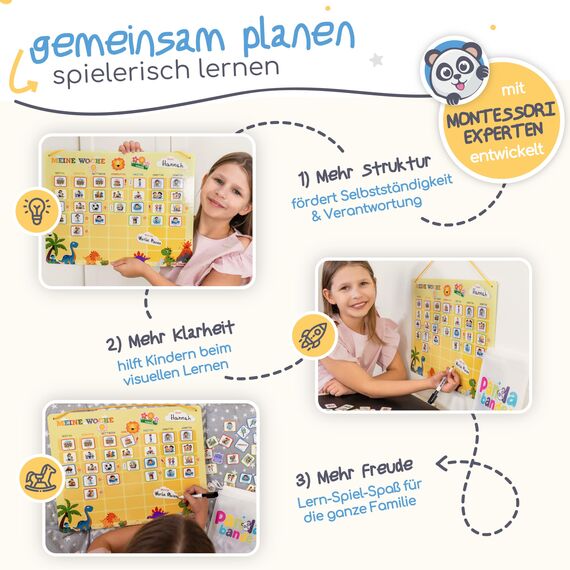 PANDABANDE® Montessori Wochenplaner Kinder [Wetter, Belohnung, 210 Magnete] - Magnettafel für mehr Struktur im Alltag - Idealer Wochenplan Magnetisch, Belohnungstafel Kind, Routine Planer (Piraten)