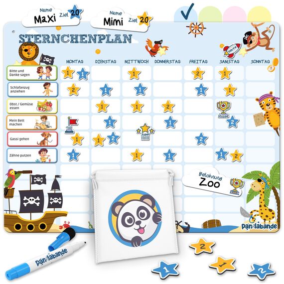 PANDABANDE® Belohnungstafel Kinder [100 Aufgaben, 200 Sterne, 1-2 Kinder] - Belohnungssystem für mehr Verantwortung - Idealer Aufgabenplaner Magnetisch, Wochenplaner Kind, Routine Planer (Piraten)