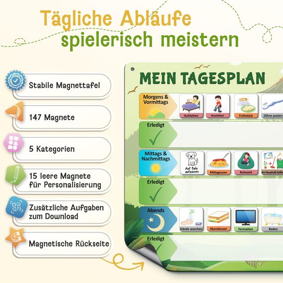 LIKARTO Routine Planer Kinder - Montessori Aufgabenplaner & Magnettafel - Für mehr Struktur im Alltag - individuell anpassbar - Grün