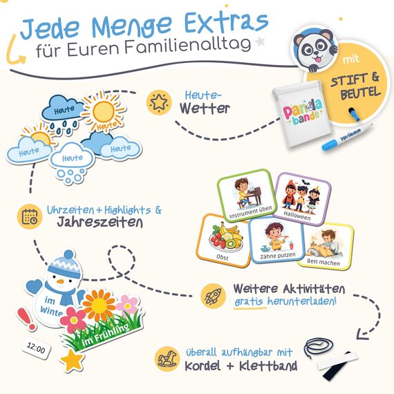 PANDABANDE® Montessori Wochenplaner Kinder [Wetter, Belohnung, 210 Magnete] - Magnettafel für mehr Struktur im Alltag - Idealer Wochenplan Magnetisch, Belohnungstafel Kind, Routine Planer (Piraten)