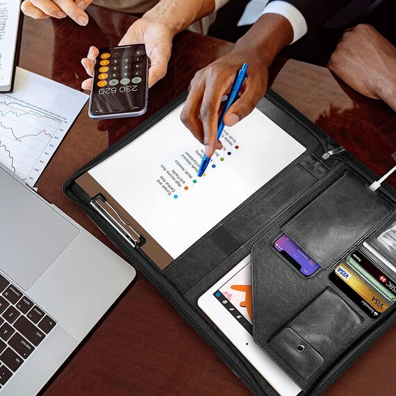 NEWYES NY-A403-BL-EU Konferenzmappe aus Leder, mit Reißverschluss, A4, Reisedokumentenmappe, Portfolio-Reisetasche, persönlicher Agenda-Organizer, 33,5 cm x 25 cm x 3,5 cm, Schwarz-Weiß