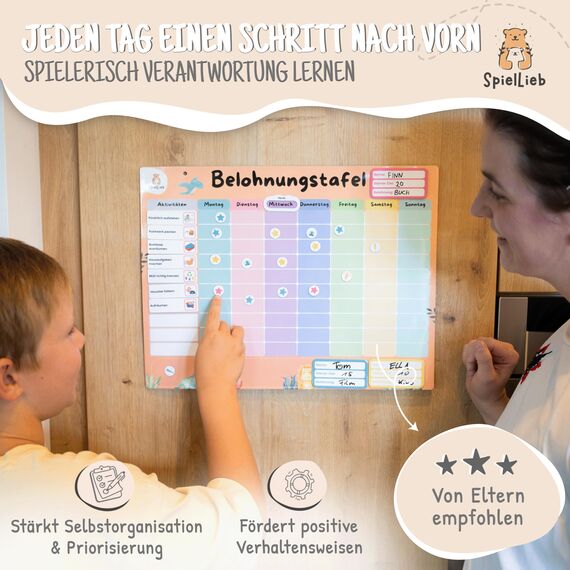 SpielLieb® Montessori Belohnungstafel Kinder magnetisch – Ideales Belohnungssystem Kinder [200 Aufgaben + Stern- & Spezialmagnete für 1-3 Spieler] - für mehr Selbstständigkeit (Dino)