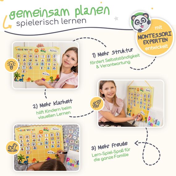 PANDABANDE® Montessori Wochenplaner Kinder [Wetter, Belohnung, 210 Magnete] - Magnettafel für mehr Struktur im Alltag - Idealer Wochenplan Magnetisch, Belohnungstafel Kind, Routine Planer (Dschungel)