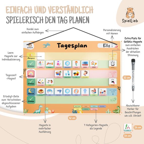 SpielLieb® Montessori Tagesplaner Kinder Routine – Magnettafel inkl. 166 Magneten, beschreib- & abwischbar Tagesplan Kinder ideale Lernhilfe für Routinen & Struktur Routine Planer Kinder