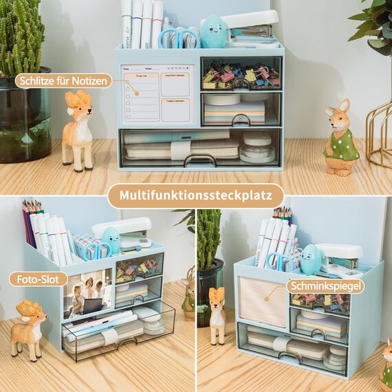 RISEMART Schreibtisch-Organizer mit 3 Schubladen und multifunktionaler Stifthalter, 5-Fach-Aufbewahrung für Büro und Zuhause, Blau