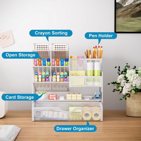 Marbrasse Netz Schreibtisch-Organizer,Multifunktionaler Stiftehalter mit Schublade,Aufbewahrung Regal für Schul Heim Büro Bedarf (Weiß)