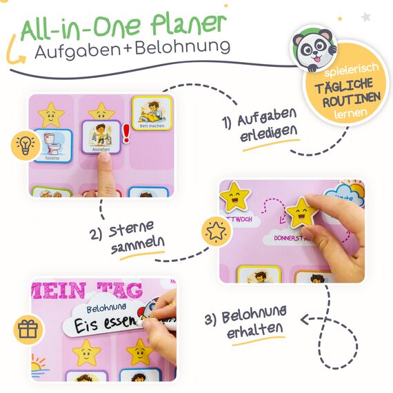 PANDABANDE® Montessori Tagesplaner Kinder Routine [Belohnung, Wetter, 208 Magnete] - Tagesablauf Plan für Morgenroutine & Abendroutine - Idealer Tagesplan Magnetisch, Routineplaner Kind (Dschungel)