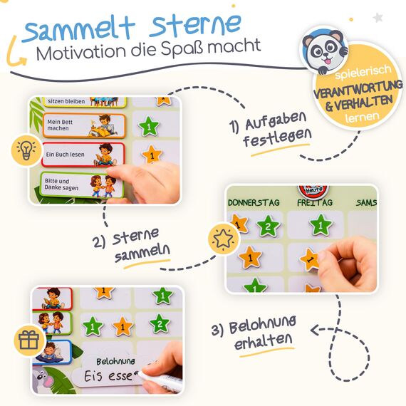 PANDABANDE® Belohnungstafel Kinder [100 Aufgaben, 200 Sterne, 1-2 Kinder] - Belohnungssystem für mehr Verantwortung - Idealer Aufgabenplaner Magnetisch, Wochenplaner Kind, Routine Planer (Piraten)