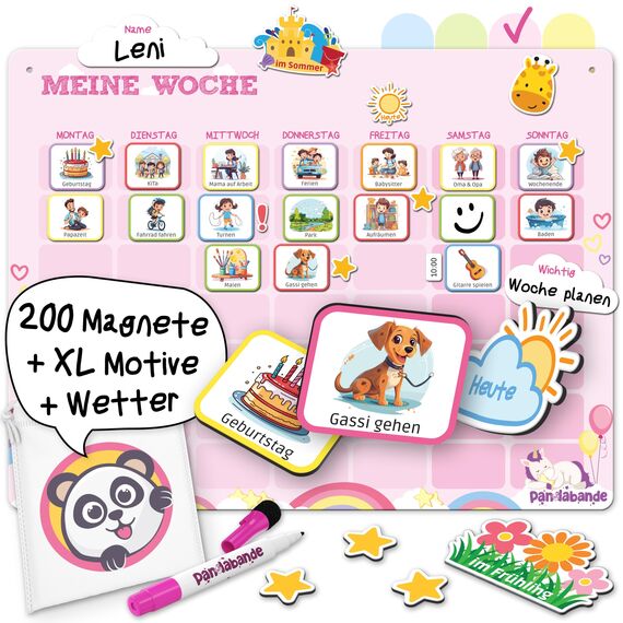 PANDABANDE® Montessori Wochenplaner Kinder [Wetter, Belohnung, 210 Magnete] - Magnettafel für mehr Struktur im Alltag - Idealer Wochenplan Magnetisch, Belohnungstafel Kind, Routine Planer (Einhörner)