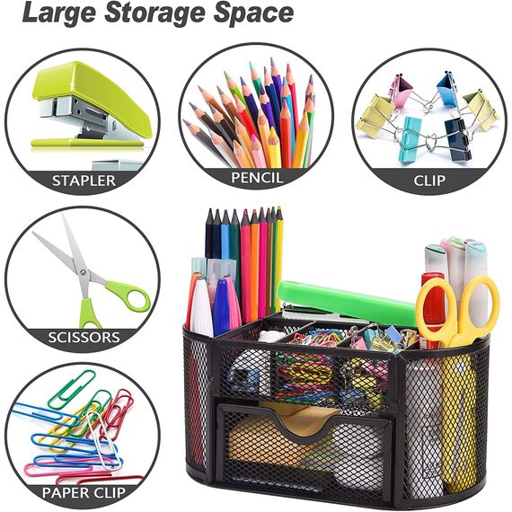 DHGKVK Schreibtisch Organizer,stiftehalter schreibtisch,Mesh Metall Desktop Büro Organizer mit 8 Stifthaltern und 1 Schublade,Es Platz zu Hause, in der Schule oder im Büro sparen. (Schwarz)