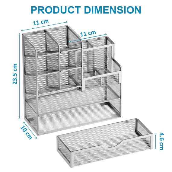 Marbrasse Netz Schreibtisch-Organizer,Multifunktionaler Stiftehalter mit Schublade,Aufbewahrung Regal für Schul Heim Büro Bedarf (Sliber)
