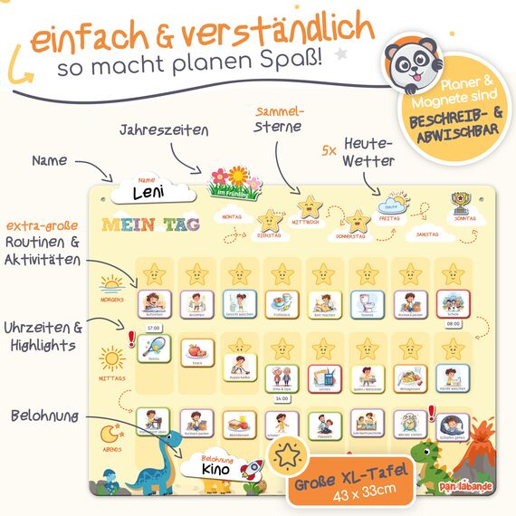 PANDABANDE® Montessori Tagesplaner Kinder Routine [Belohnung, Wetter, 208 Magnete] - Tagesablauf Plan für Morgenroutine & Abendroutine - Idealer Tagesplan Magnetisch, Routineplaner Kind (Dinosaurier)