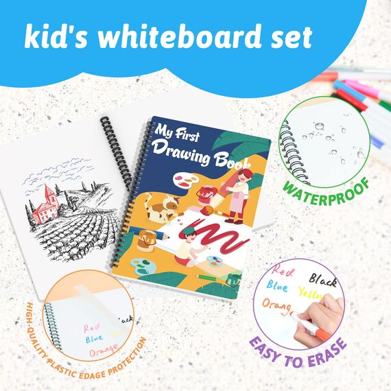 NEWYES Kinder Whiteboard Set Wiederverwendbares trocken löschbares Zeichenbuch mit 10 Markern, 3 4 5 6 7 8 Jahre alt Jungen & Mädchen Lernspielzeug löschbares Kritzelebuch zum Zeichnen, Kritzeln