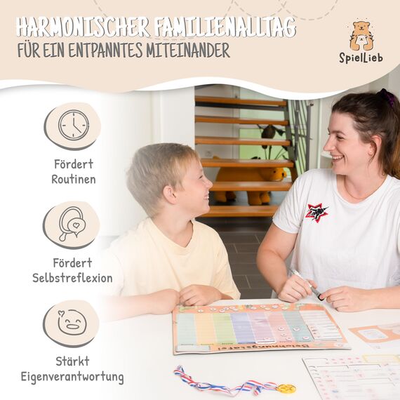 SpielLieb® Montessori Belohnungstafel Kinder magnetisch – Ideales Belohnungssystem Kinder [200 Aufgaben + Stern- & Spezialmagnete für 1-3 Spieler] - für mehr Selbstständigkeit (Dino)