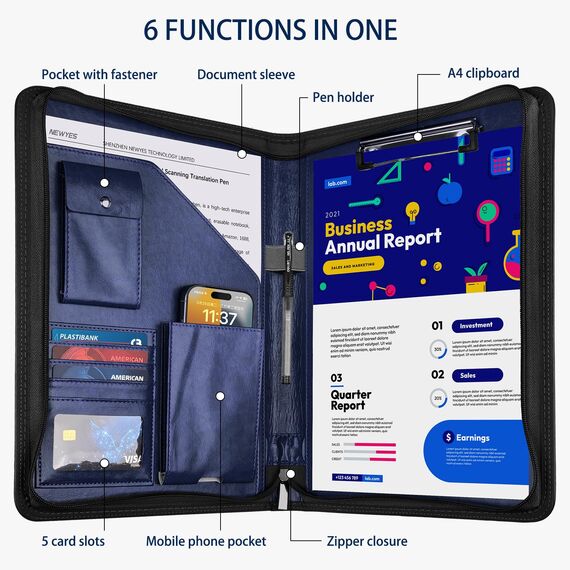 NEWYES Dokumentenmappe A4, Wasserabweisend mit Reißverschluss &Klemmbrett, Kunstleder Mappe Ideal für Geschäftsreisen, Lehrer als Herrengeschenk oder für den Büroalltag – Dunkelblau