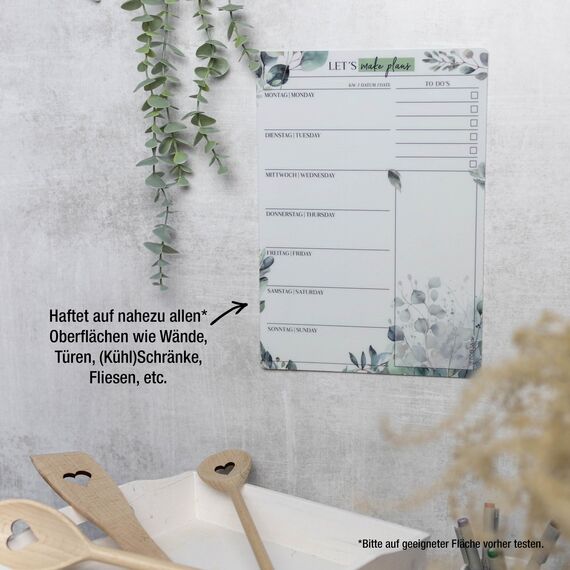 TOBJA Essensplaner Woche abwischbar - Haftet auf allen Oberflächen, wieder ablösbar, Eukalyptus Design für den perfekten Wochenüberblick! | Wiederverwendbarer Menüplaner & Wochenplaner (ohne Stift)