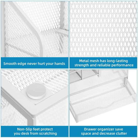 Marbrasse Netz Schreibtisch-Organizer,Multifunktionaler Stiftehalter mit Schublade,Aufbewahrung Regal für Schul Heim Büro Bedarf (Weiß)