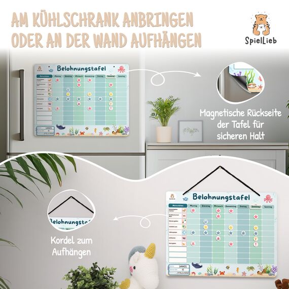 SpielLieb® Montessori Belohnungstafel Kinder magnetisch – Ideales Belohnungssystem Kinder [200 Aufgaben + Stern- & Spezialmagnete für 1-3 Spieler] - für mehr Selbstständigkeit (Ozean)