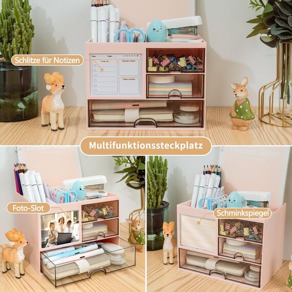 RISEMART Schreibtisch-Organizer mit 3 Schubladen, multifunktionaler Stifthalter, Schreibtisch-Organizer und Aufbewahrung mit 5 Fächern für Büro, Zuhause-Rosa