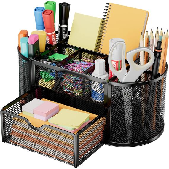 DHGKVK Schreibtisch Organizer,stiftehalter schreibtisch,Mesh Metall Desktop Büro Organizer mit 8 Stifthaltern und 1 Schublade,Es Platz zu Hause, in der Schule oder im Büro sparen. (Schwarz)