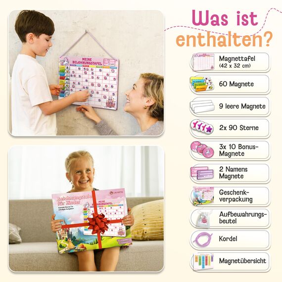 LIKARTO Belohnungstafel Kinder - Montessori Aufgabenplaner & Magnettafel - Für mehr Struktur im Alltag - individuell anpassbar - Pink