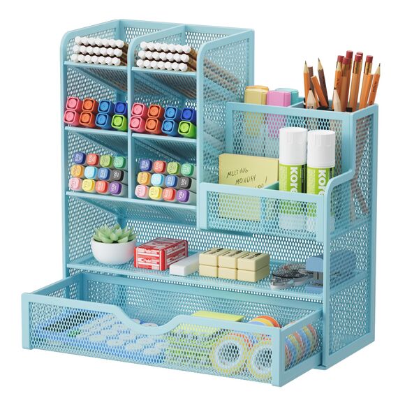 Marbrasse Netz Schreibtisch-Organizer,Multifunktionaler Stiftehalter mit Schublade,Aufbewahrung Regal für Schul Heim Büro Bedarf (Blau)
