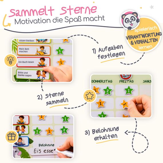 PANDABANDE® Belohnungstafel Kinder [100 Aufgaben, 200 Sterne, 1-2 Kinder] - Belohnungssystem für mehr Verantwortung - Idealer Aufgabenplaner Magnetisch, Wochenplaner Kind, Routine Planer (Einhörner)