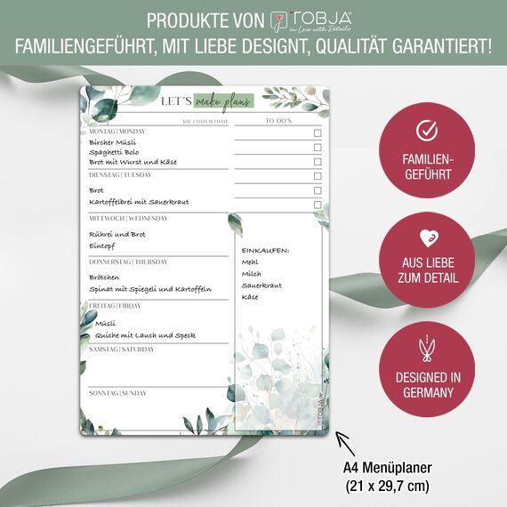 TOBJA Essensplaner Woche abwischbar - Haftet auf allen Oberflächen, wieder ablösbar, Eukalyptus Design für den perfekten Wochenüberblick! | Wiederverwendbarer Menüplaner & Wochenplaner (ohne Stift)