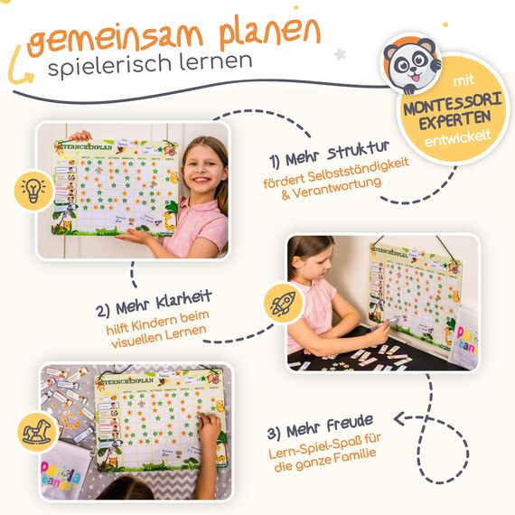 PANDABANDE® Belohnungstafel Kinder [100 Aufgaben, 200 Sterne, 1-2 Kinder] - Belohnungssystem für mehr Verantwortung - Idealer Aufgabenplaner Magnetisch, Wochenplaner Kind, Routine Planer (Dinosaurier)