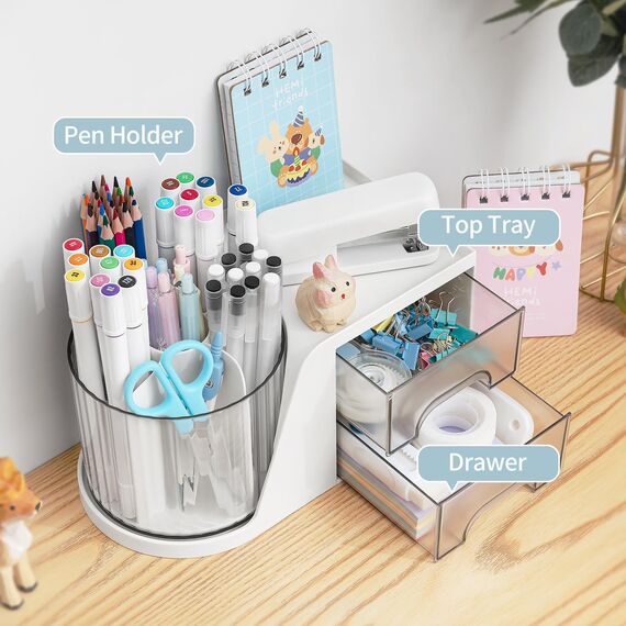 RISEMART Drehbarer Schreibtischorganizer mit 2 Schubladen, Stifthalter für Schreibtisch, Schreibtischorganizer und Aufbewahrung mit 4 Fächern + Schublade für Büro-, Heim- und Kunstbedarf.