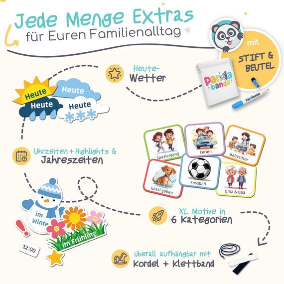 PANDABANDE® XL Wochenplaner Kinder [300 Magnete, XL Box, Routinen] - Montessori Spielzeug ab 3 Jahre - Ideal zum Wochentage Lernen, Kinderkalender