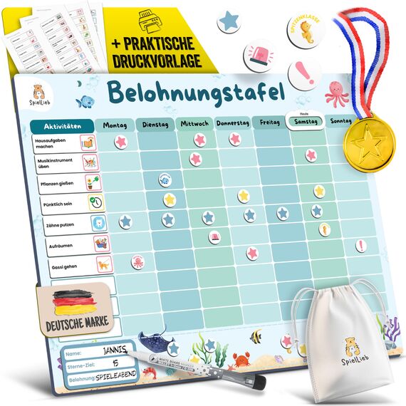 SpielLieb® Montessori Belohnungstafel Kinder magnetisch – Ideales Belohnungssystem Kinder [200 Aufgaben + Stern- & Spezialmagnete für 1-3 Spieler] - für mehr Selbstständigkeit (Ozean)