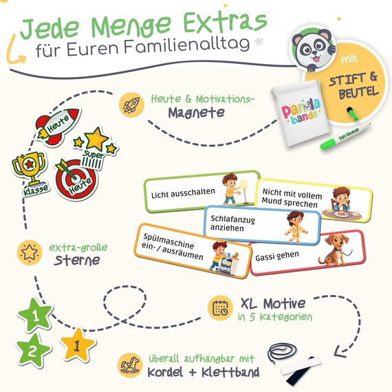 PANDABANDE® Belohnungstafel Kinder [100 Aufgaben, 200 Sterne, 1-2 Kinder] - Belohnungssystem für mehr Verantwortung - Idealer Aufgabenplaner Magnetisch, Wochenplaner Kind, Routine Planer (Dschungel)