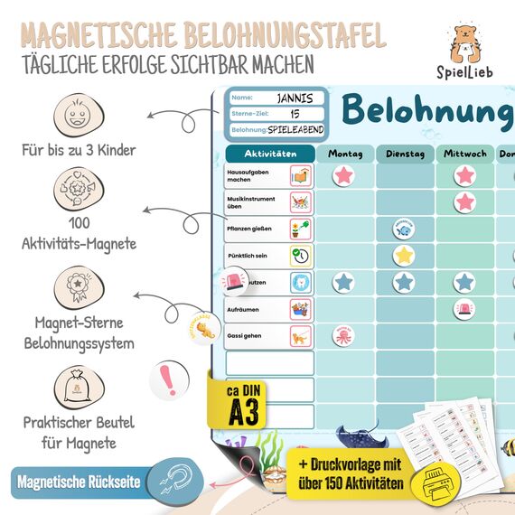 SpielLieb® Montessori Belohnungstafel Kinder magnetisch – Ideales Belohnungssystem Kinder [200 Aufgaben + Stern- & Spezialmagnete für 1-3 Spieler] - für mehr Selbstständigkeit (Ozean)