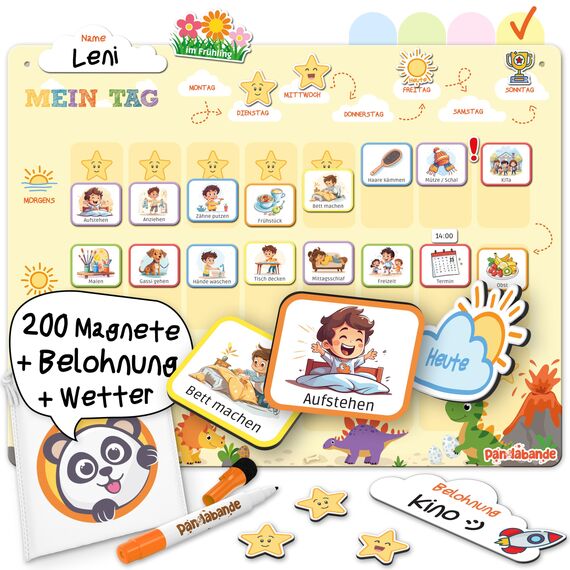 PANDABANDE® Montessori Tagesplaner Kinder Routine [Belohnung, Wetter, 208 Magnete] - Tagesablauf Plan für Morgenroutine & Abendroutine - Idealer Tagesplan Magnetisch, Routineplaner Kind (Dinosaurier)