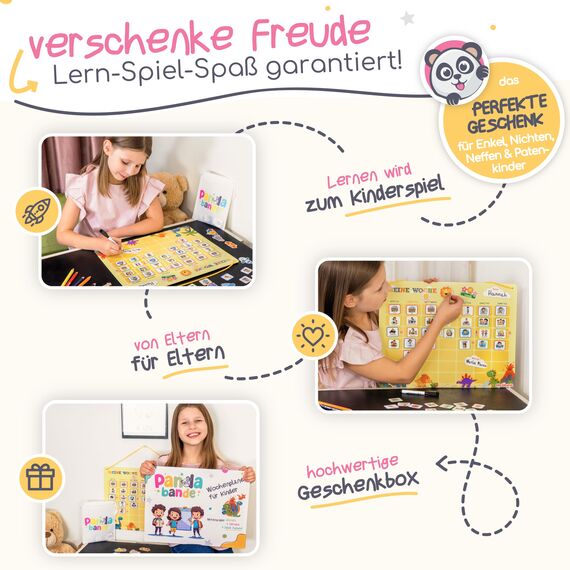 PANDABANDE® Montessori Wochenplaner Kinder [Wetter, Belohnung, 210 Magnete] - Magnettafel für mehr Struktur im Alltag - Idealer Wochenplan Magnetisch, Belohnungstafel Kind, Routine Planer (Einhörner)