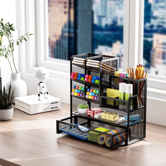 Marbrasse Netz Schreibtisch-Organizer,Multifunktionaler Stiftehalter mit Schublade,Aufbewahrung Regal für Schul Heim Büro Bedarf (Schwarz)